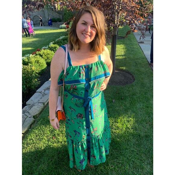 DEREK LAM Green Floral 100% Silk Ruffled Popover Cami Style Midi Dress Size 2 - Picture 15 of 15